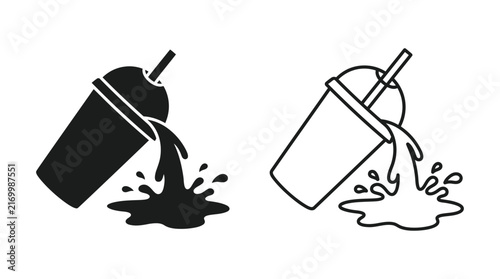 Spilled drink with straw black silhouette and outline vector illustration
