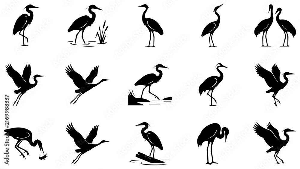 Naklejka premium Set of black silhouette icons of herons and cranes standing and flying in various natural postures