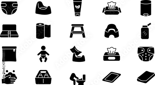 Photography A collection of black silhouette icons representing various baby care products a