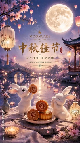 Dreamy Mid Autumn Festival Background with Mooncake, Rabbits and Chinese Lantern Celebration
SEO Description: