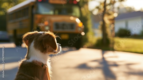 A dog meets a school bus in a raw stylized scene