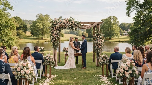Wedding ceremony couple standing under wooden arch covered in flowers by lake in outdoor park venue surrounded by guests.