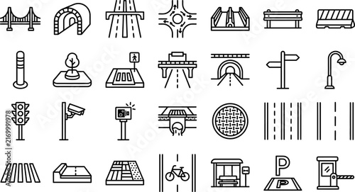 Set of thin line icons representing various road infrastructure elements transportation systems and urban traffic management symbols