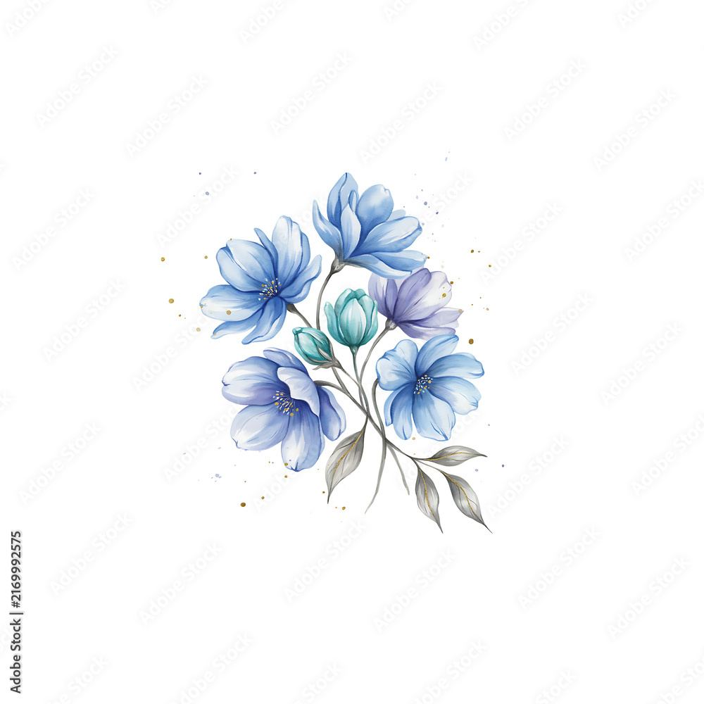 Obraz premium Watercolor bouquet of blue flowers with green leaves and buds isolated on a transparent background