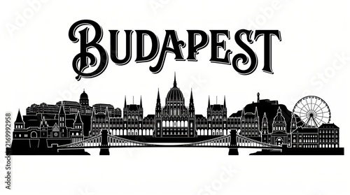 Extremely detailed Budapest, Hungary landmark-rich silhouette with elegant BUDAPEST lettering.