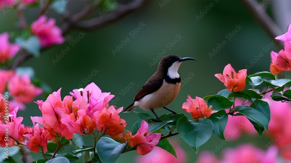 Naklejka premium A small bird with a curved beak perches gracefully among vibrant pink and orange flowers with lush green leaves