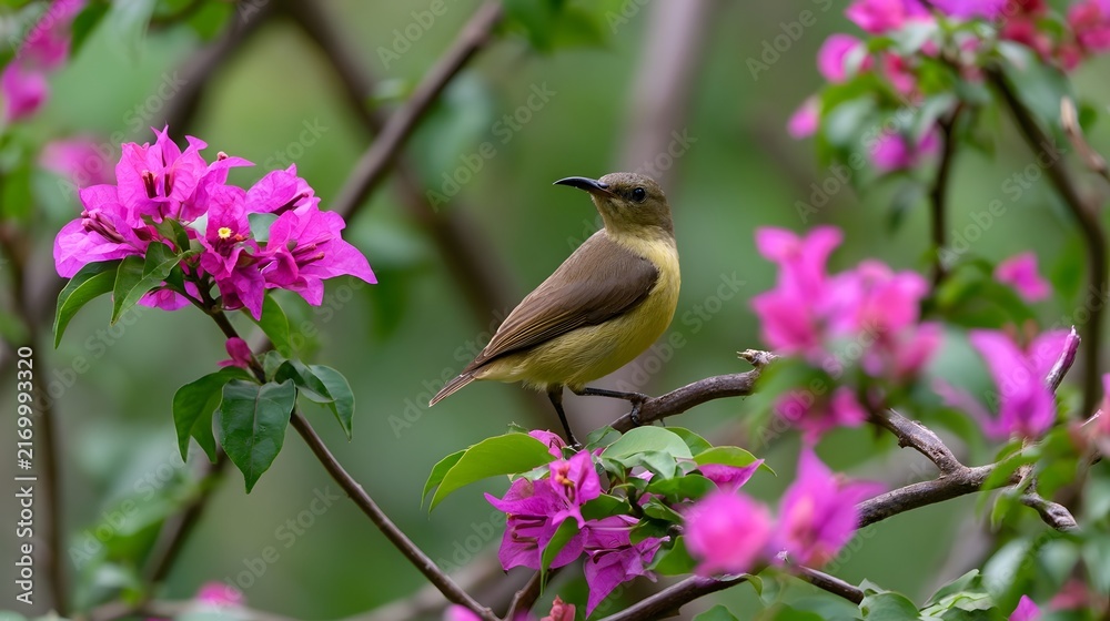 Naklejka premium A small yellow bird perched on a branch among vibrant pink flowers in a lush green setting