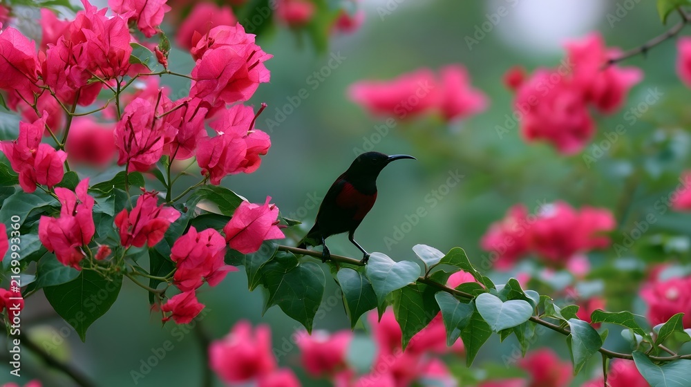 Naklejka premium A small bird with a curved beak perches on a branch among bright pink flowers and green leaves