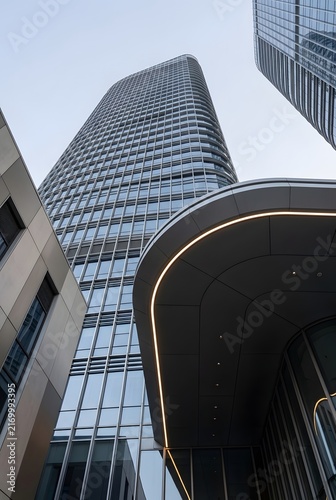 Modern High Rise Building With Curved Glass Facade and Entrance Canopy