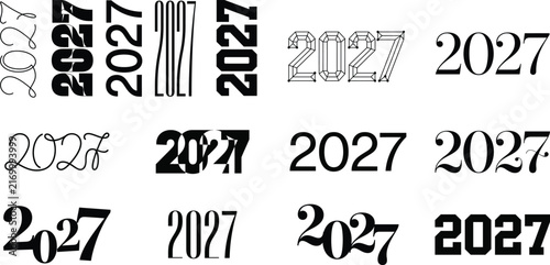 2027 numeral font set featuring bold black silhouettes hollow outlines and elegant script lettering
