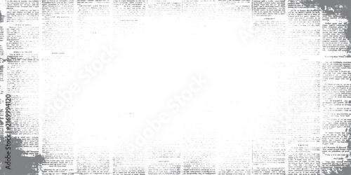 Vintage newspaper legal notice frame with distressed print edges, retro collage border, classified ads, automobile references and blank white space.