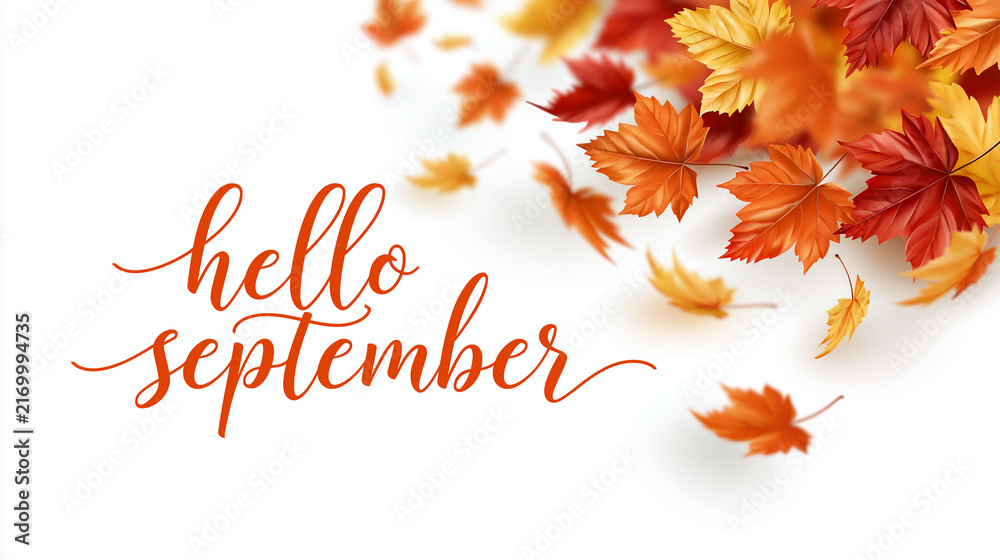 Naklejka premium Hello september autumn season greeting displayed with gently falling leaves drifting across a bright clean background warm fall color palette bright even lighting seasonal typography