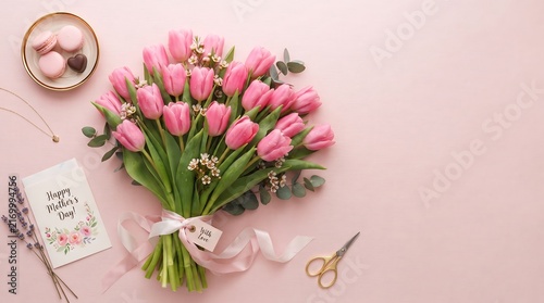 Pink tulip arrangement with macarons and greeting card on soft pink surface for elegant motherhood celebration setting.