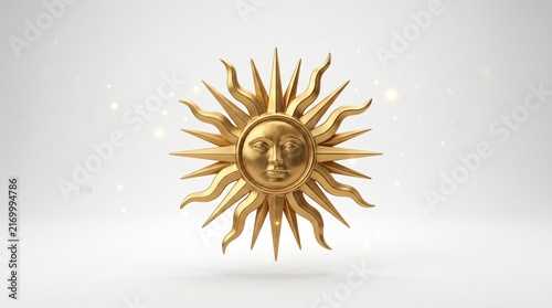 Golden Sun Emblem: A radiant golden sun emblem, intricately designed with a human-like face and emanating rays, floats against a softly lit backdrop, evoking a sense of warmth and celestial power.