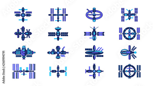 Фотография Set of space station satellite and orbital outpost vector icons in blue flat sty