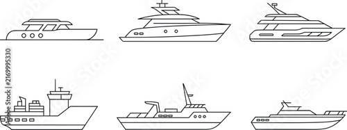 Luxury yacht and motorboat line icons set vector illustration, linear maritime transport symbols isolated on white background