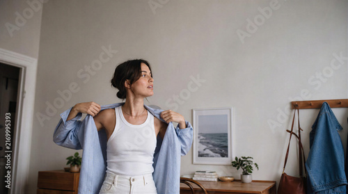 Woman getting ready for day in morning routine