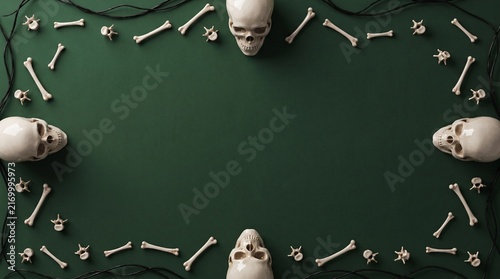 Halloween border frame with skulls and bones on a dark green background