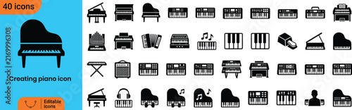 Collection of various piano and keyboard musical instrument silhouettes isolated on a white background for design projects