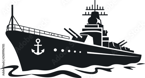Military battleship silhouette vector illustration, navy warship logo design element isolated on white background