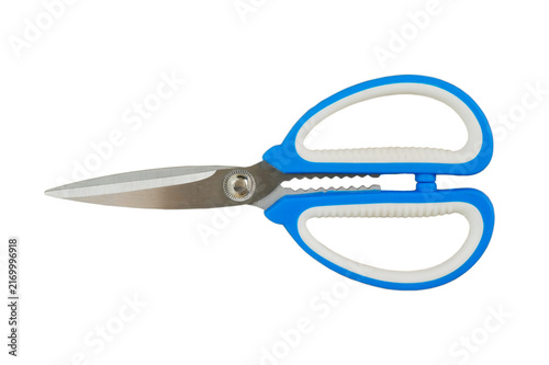 Scissors with blue and white plastic handles isolated on a white background. Office supplies. Household item.