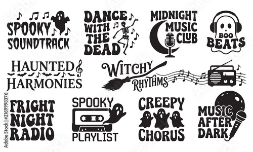 Set of ten halloween music themed featuring ghosts, skeletons, microphones, radios, cassette tapes, and musical notes with spooky typography on a white background
