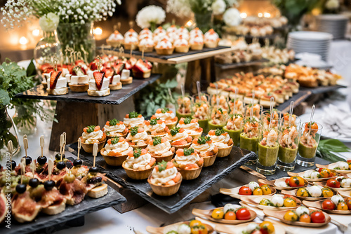 An exquisite gourmet catering buffet table beautifully decorated with an abundant variety of fine finger foods, bite-sized appetizers, savory tartlets, and fresh seafood canapés.