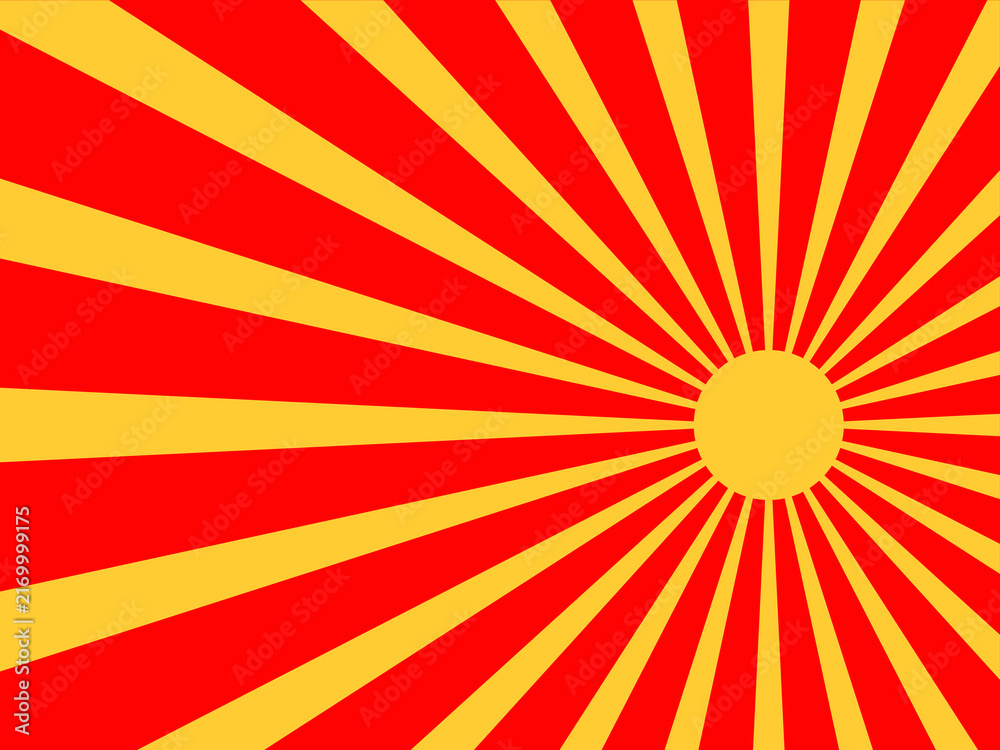 Obraz premium Retro red and yellow sunburst background. Dynamic off-center radial rays texture for pop art comic book, circus poster, and vintage sale promotion banner.