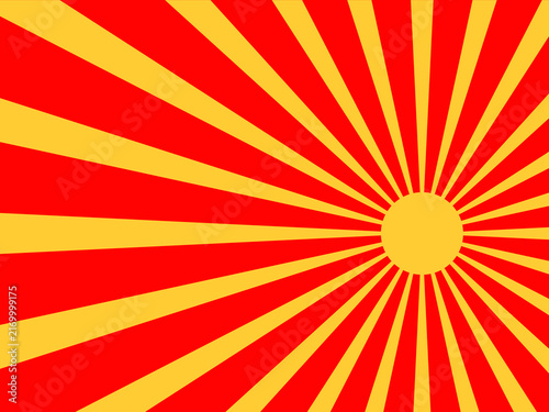 Retro red and yellow sunburst background. Dynamic off-center radial rays texture for pop art comic book, circus poster, and vintage sale promotion banner.