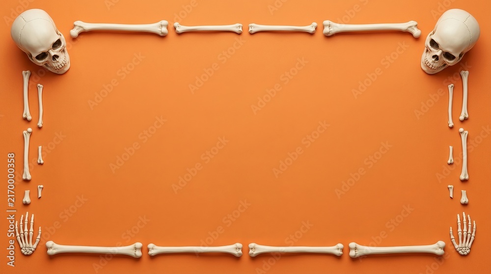 Fototapeta premium Geometric bone border with human skulls and hand skeletons on vibrant orange background