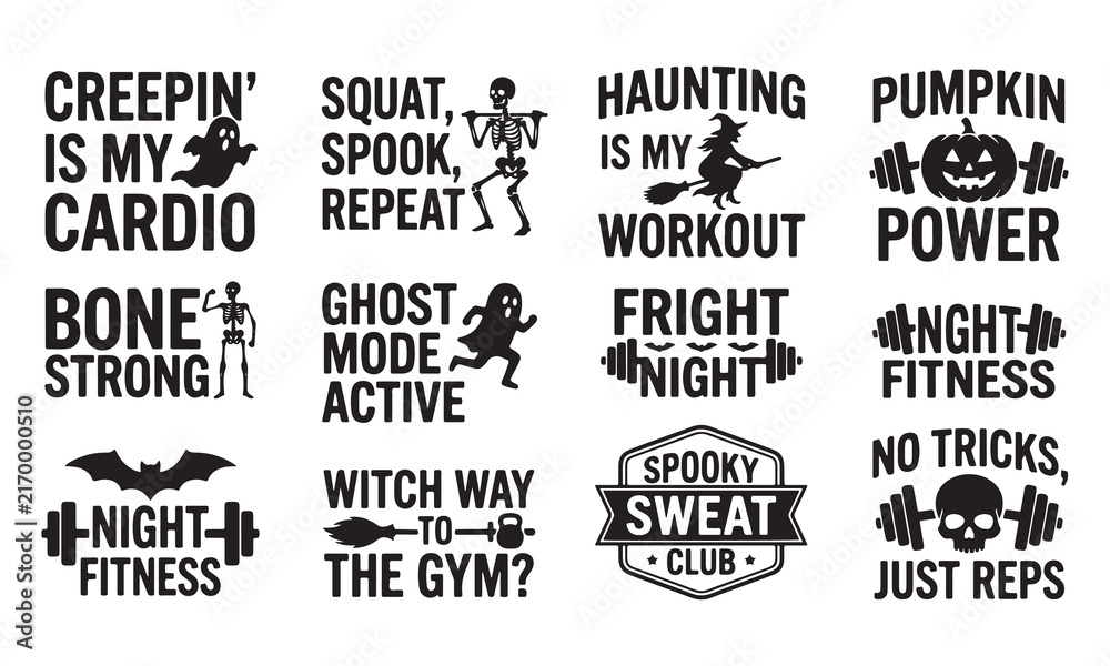 Obraz premium Set of twelve black and white halloween fitness themed typography featuring skeletons, ghosts, pumpkins, and weights for seasonal apparel and holiday workout projects