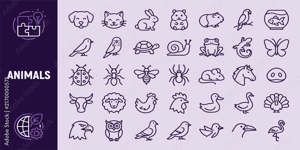 Naklejka premium Animals line Editable Icons set. Vector illustration in modern thin line style of fauna related icons: farm, domestic, wild animals, and more. Pictograms and infographics.