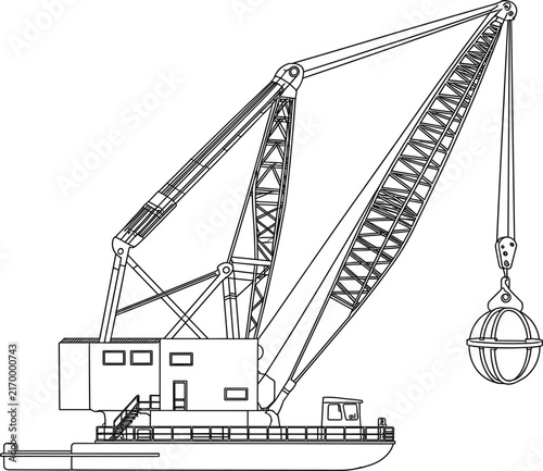 Floating crane barge vector illustration, maritime construction ship with hook isolated on white background