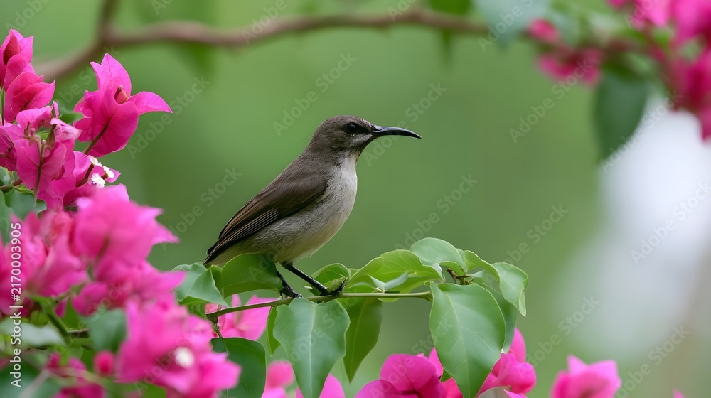 Fototapeta premium A small bird with a curved beak perches among bright pink flowers and green leaves in a natural setting