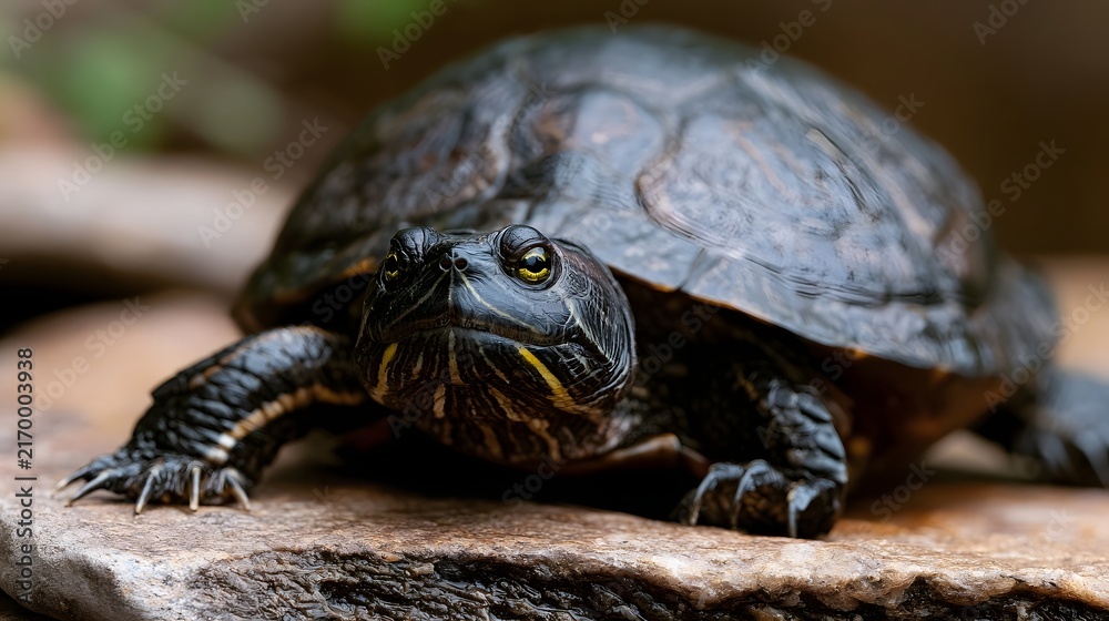 Obraz premium A close up of a turtle resting on a textured stone surface with detailed shell and bright eyes