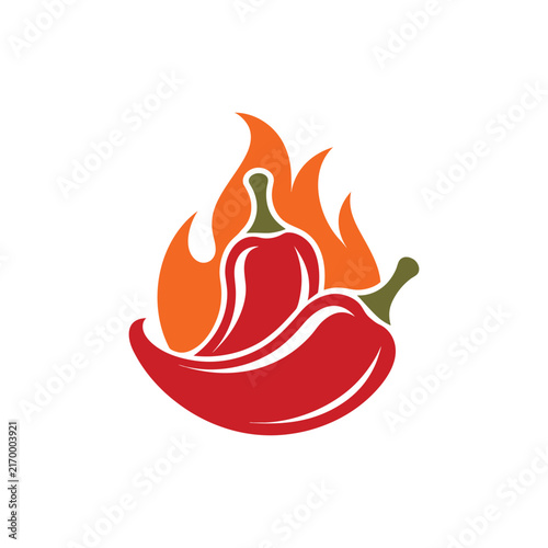 Obraz na płótnie red chili peppers surrounded by vibrant orange flames, set against a clean white background
