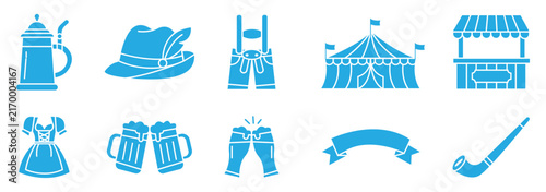 Oktoberfest icon illustration collection. Brewery and craft beer silhouette . Oktoberfest festival black and blue silhouette icon vector set on white background.