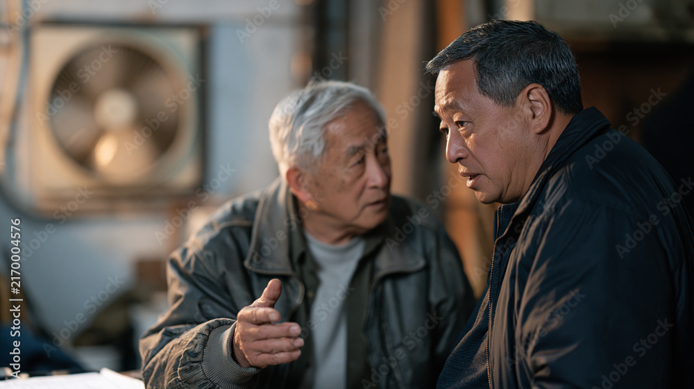 Fototapeta premium An elderly stand up comedian debriefing with his manager in the quiet blue twilight backstage at a small port district venue, a humming ventilation fan casting soft vibration in
