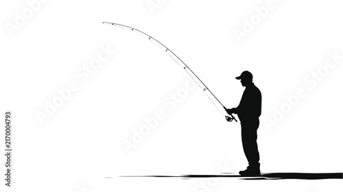 Fisherman silhouette stands on a white background, holding a bent fishing rod with a reel.