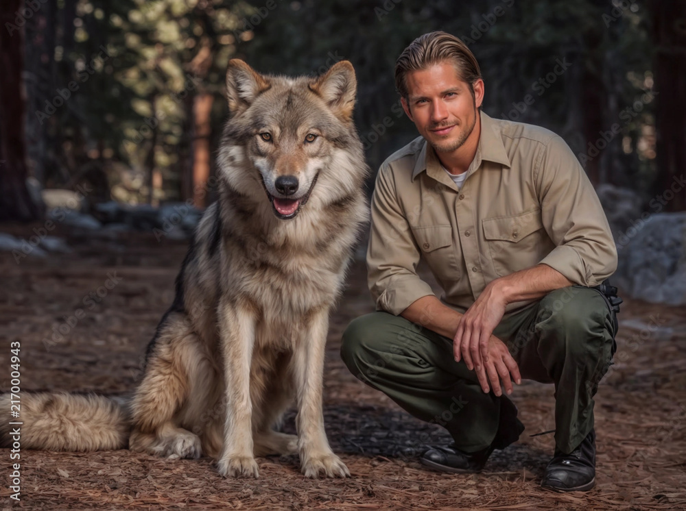 Fototapeta premium National park ranger sitting next to the gray wolf on forest background. Veterinary medicine, environmental protection and wildlife conservation concept. Lifestyle portrait for poster, visual material