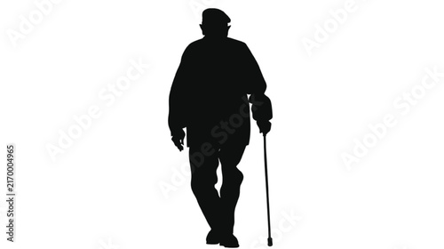 A solitary man in a hat and jacket is shown as a dark silhouette, walking with a cane and looking down.