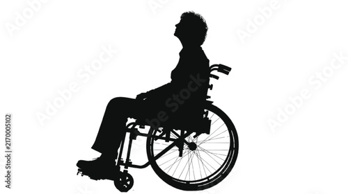Silhouette of a person in a wheelchair looking upwards against a white background.