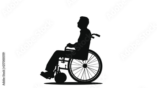 Silhouette of a man sitting in a wheelchair, viewed from the side against a plain white background.