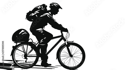 Cyclist wearing a helmet and carrying a backpack on a bicycle, silhouetted against a white background.