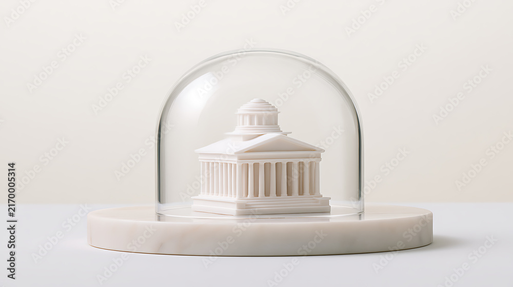 Naklejka premium A miniature white model of a classic ancient temple building covered by a transparent glass dome cloche on a white circular marble stand