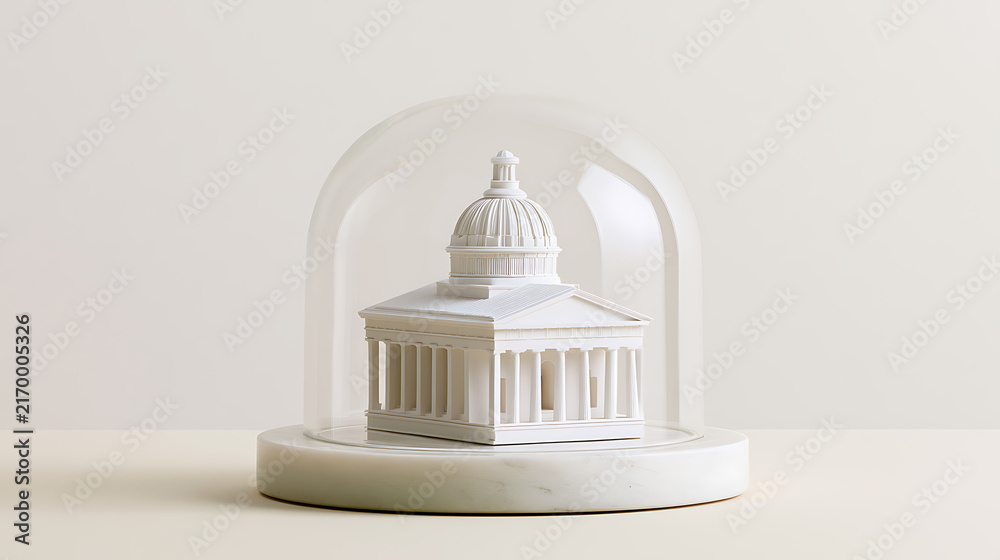 Naklejka premium A miniature white architectural model of a classical dome building protected inside a clear glass cloche dome on marble base studio photo