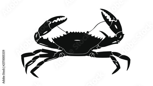 A dark silhouette of a crab with raised claws is positioned centrally against a plain white backdrop.