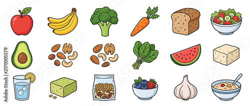 Collection of healthy food items including fruits vegetables nuts and grains in a cartoon style illustration