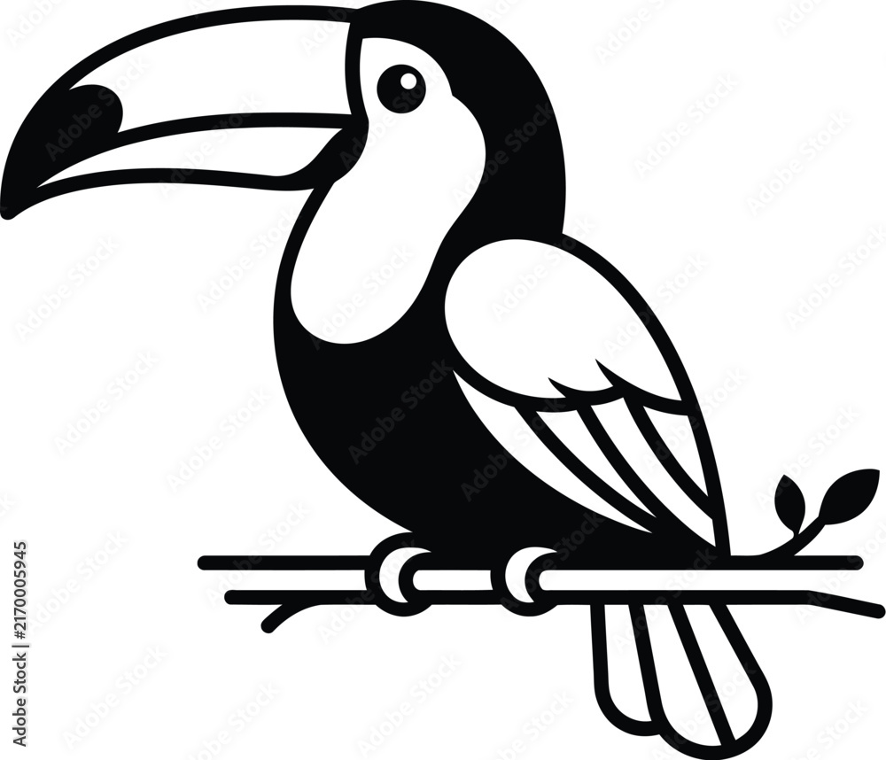 Fototapeta premium Toucan Bird Perched on Branch Vector Line Art Icon Graphic on Transparent Background.