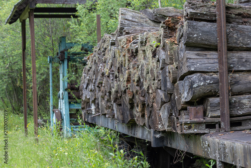 Quadro su tela A stack of aged, lichen-covered wood rests on a rusted railway car